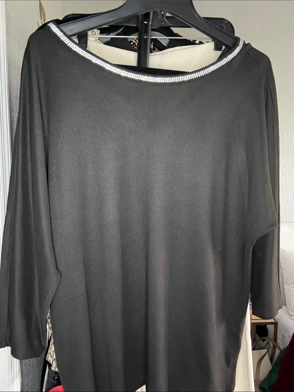 89th & Madison Black Boatneck Top with Rhinestone Trim